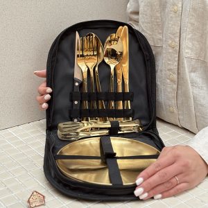 خرید ست ظروف مسافرتی استیل چهارنفره کیف دار طلایی