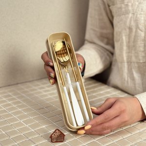خرید ست قاشق چنگال و چاپستیک باکس دار طلایی