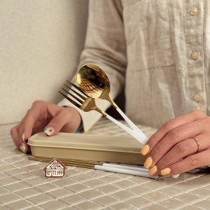 خرید ست قاشق چنگال و چاپستیک باکس دار طلایی