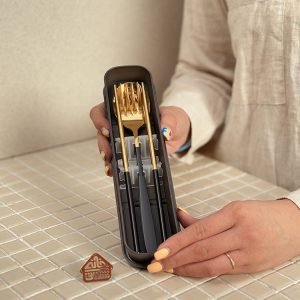 خرید ست قاشق چنگال و چاپستیک باکس دار طلایی