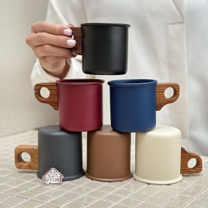 خرید ماگ لعابی دسته چوبی