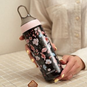 خرید فلاسک دوجداره مشکی گل صورتی برند SANTECO مدل YOGA
