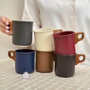 خرید ماگ لعابی دسته چوبی