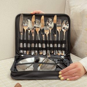 خرید ست ظروف مسافرتی کیف برزنتی مستطیلی استیل چهارنفره