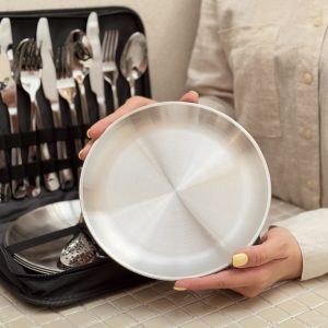 خرید ست ظروف مسافرتی کیف برزنتی مستطیلی استیل چهارنفره