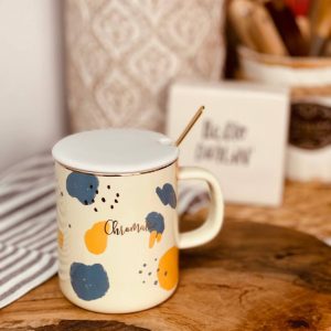 ماگ درب دار قاشق دار گلدار سرامیکی
